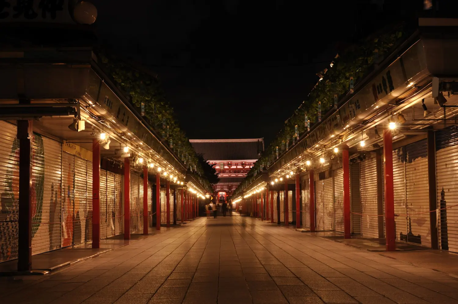 Asakusa Nakamise shopping street at night, Taito Tokyo — where Tanjiro first encountered Muzan Kibutsuji in Demon Slayer