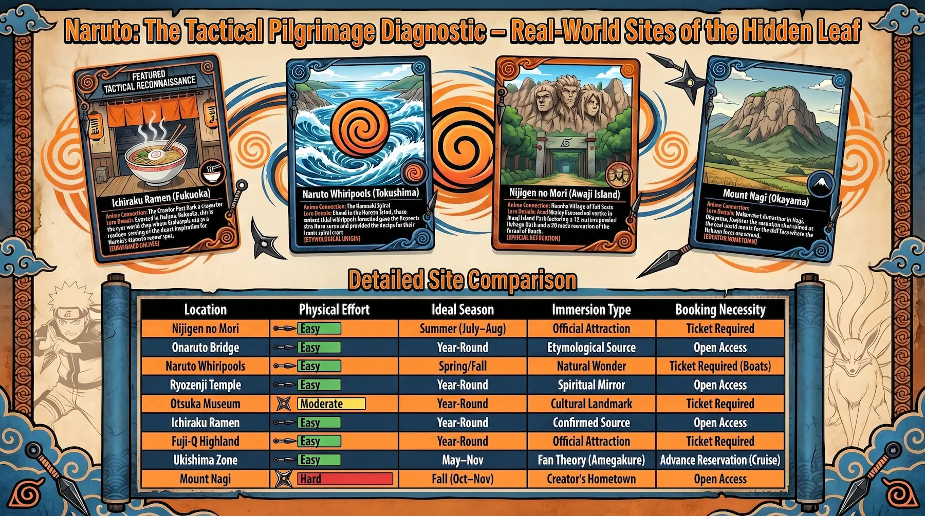 Naruto real locations Japan — complete pilgrimage diagnostic table with all 9 sacred sites, effort level, ideal season, and booking requirements