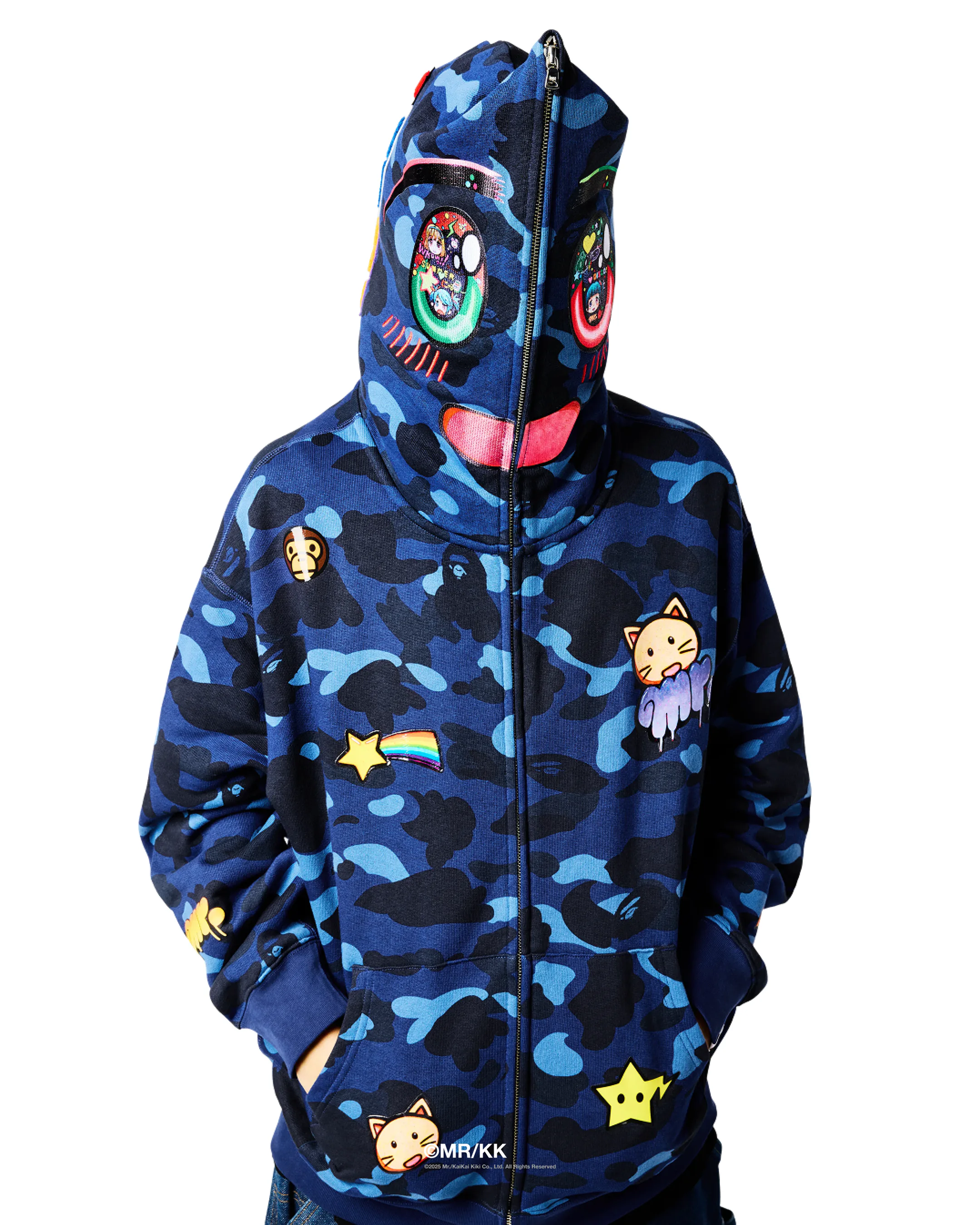 BAPE x Mr. Kaikai Kiki anime collaboration — Shark Hoodie blushing anime face December 2025
