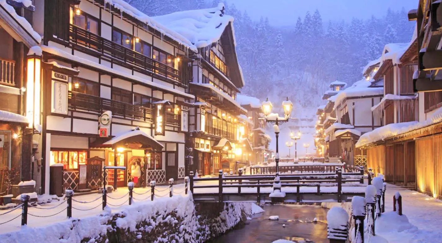Notoya Ryokan, Ginzan Onsen Yamagata — Spirited Away bathhouse atmosphere Taisho era wooden ryokan