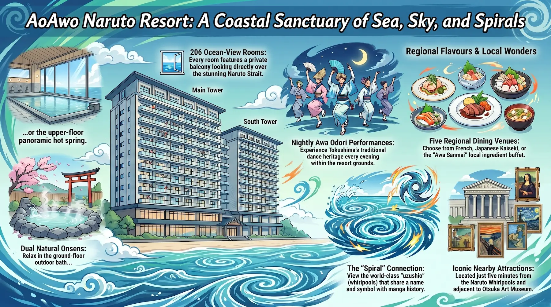 AoAwo Naruto Resort infographic — key facts, facility overview, and pilgrimage connections