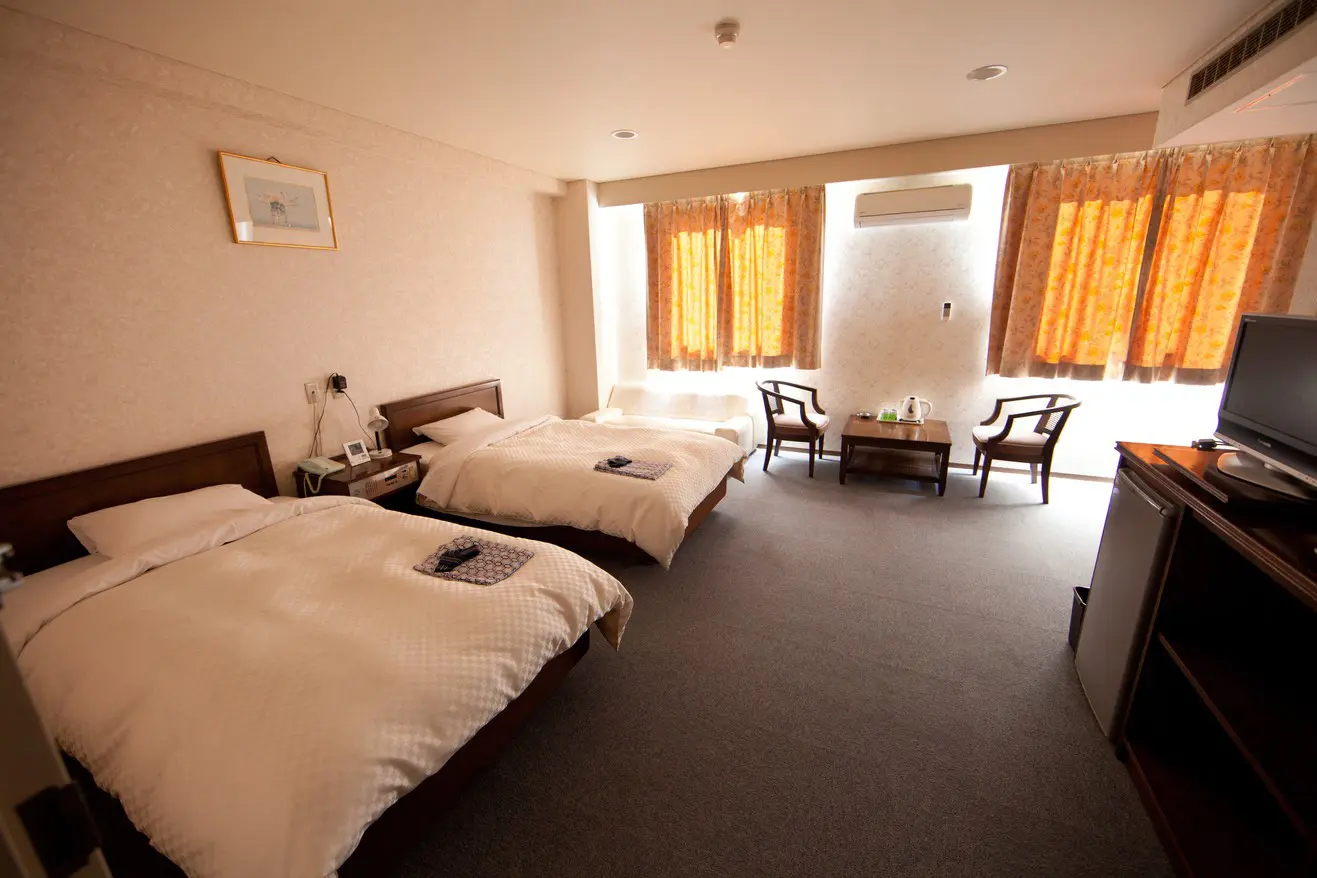 Business Hotel Pocket — renovated twin room interior showing wall-mounted TV, bedside USB charging ports, and clean compact layout. | Hotel Manga