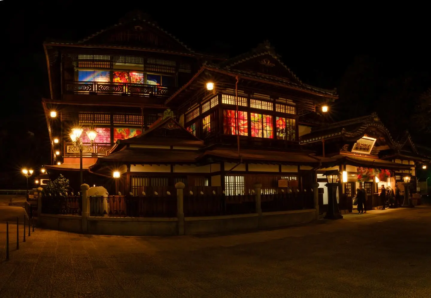 Dogo Onsen Honkan at dusk — Japan's oldest bathhouse and Spirited Away inspiration