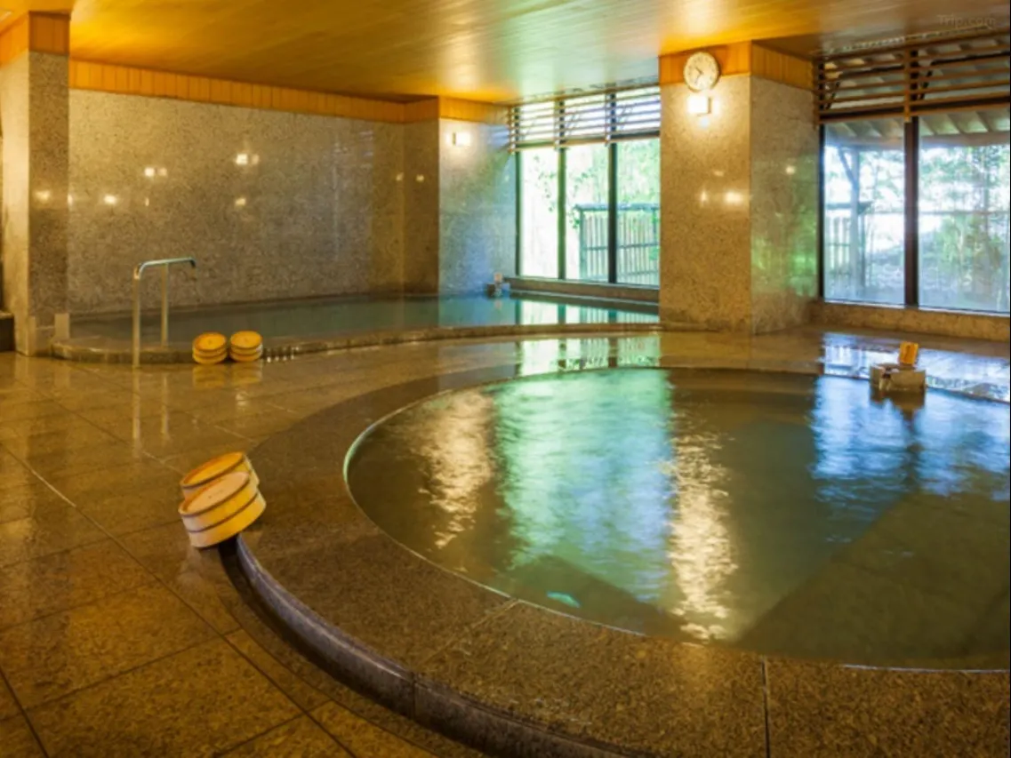 Communal hinoki cypress bath at Dogo Onsen Funaya ryokan, Matsuyama