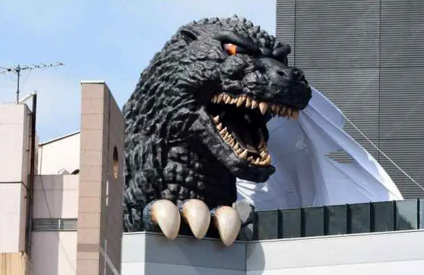 Close-up of the Godzilla head on Hotel Gracery Shinjuku's terrace