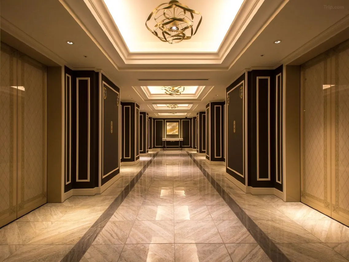 Grand Nikko Tokyo Daiba — Elegant elevator lobby featuring marble floors, dark paneled walls, and warm golden lighting.