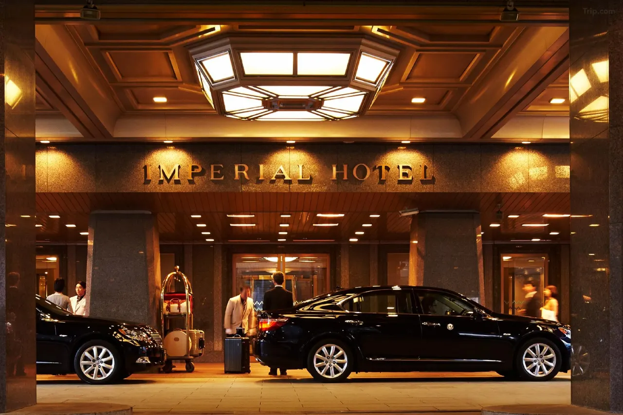 Imperial Hotel Tokyo — Entrance; A grand entrance showcasing a luxurious, historic hotel, perfect for a romantic getaway or business stay. Book your Tokyo hotel now!