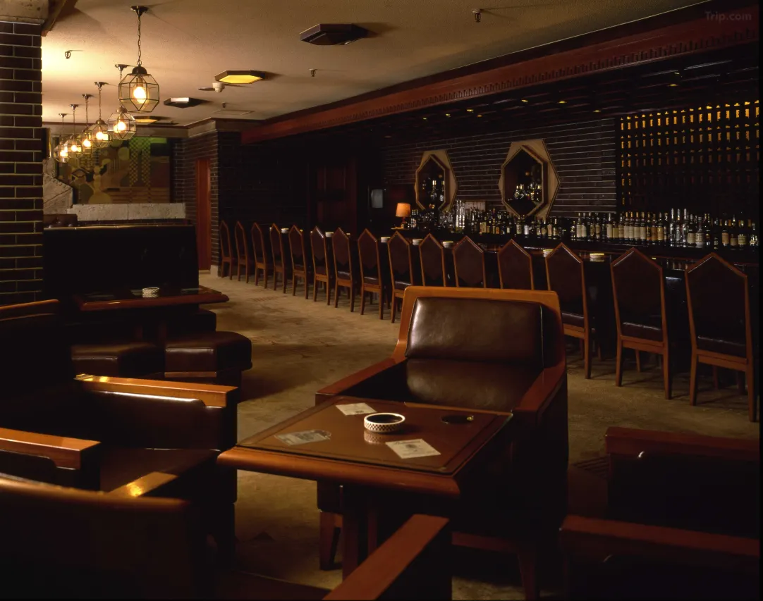 Old Imperial Bar at Imperial Hotel Tokyo — Frank Lloyd Wright original 1923 Oya stone tiles and Art Deco decor, seen in Death Note episode 11