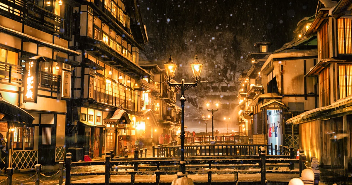 Ginzan Onsen gas lamp promenade at night in winter