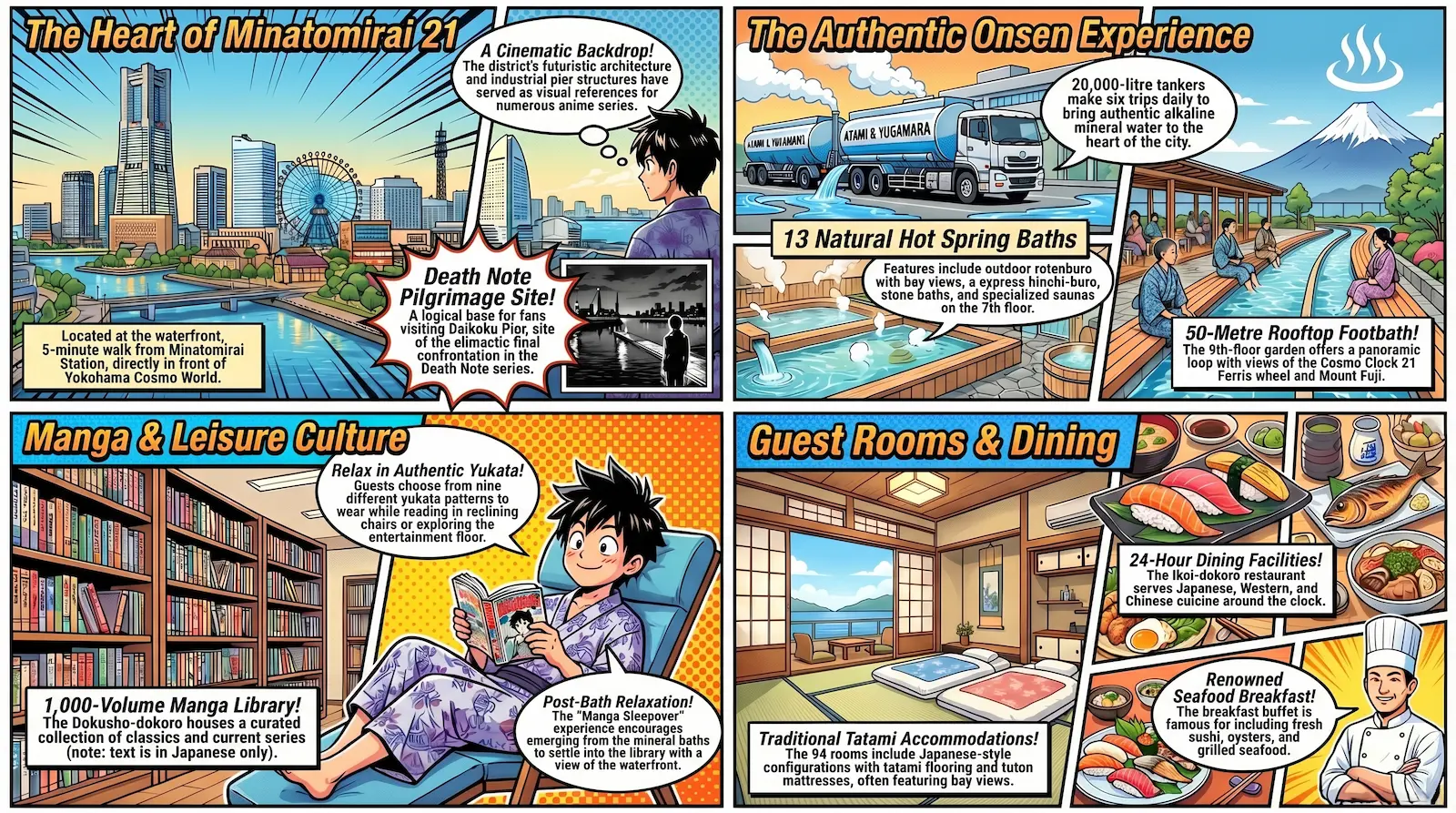 Yokohama Minatomirai Manyo-Club infographic — key facts and facility overview