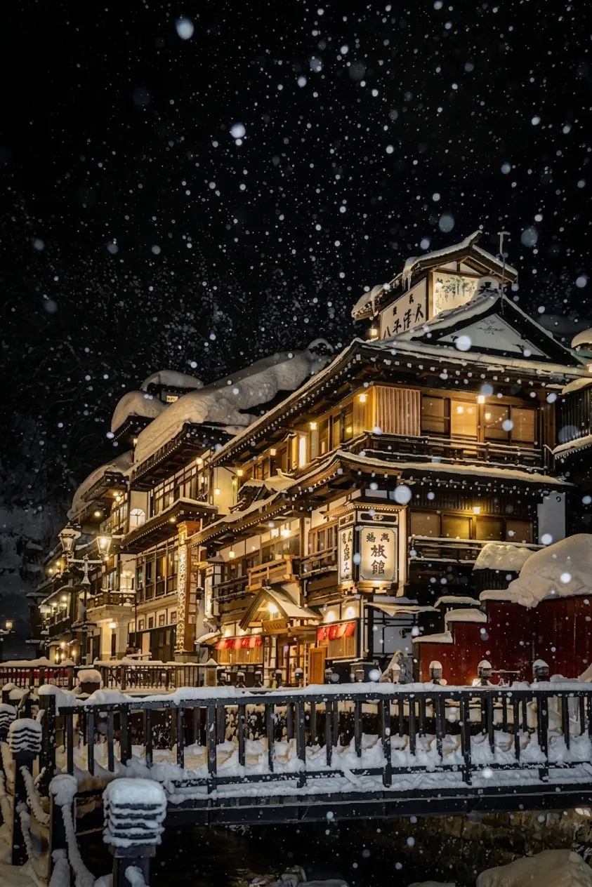 Notoya Ryokan facade at night in winter — four-storey Taisho wooden building glowing on gas-lit Ginzan River street