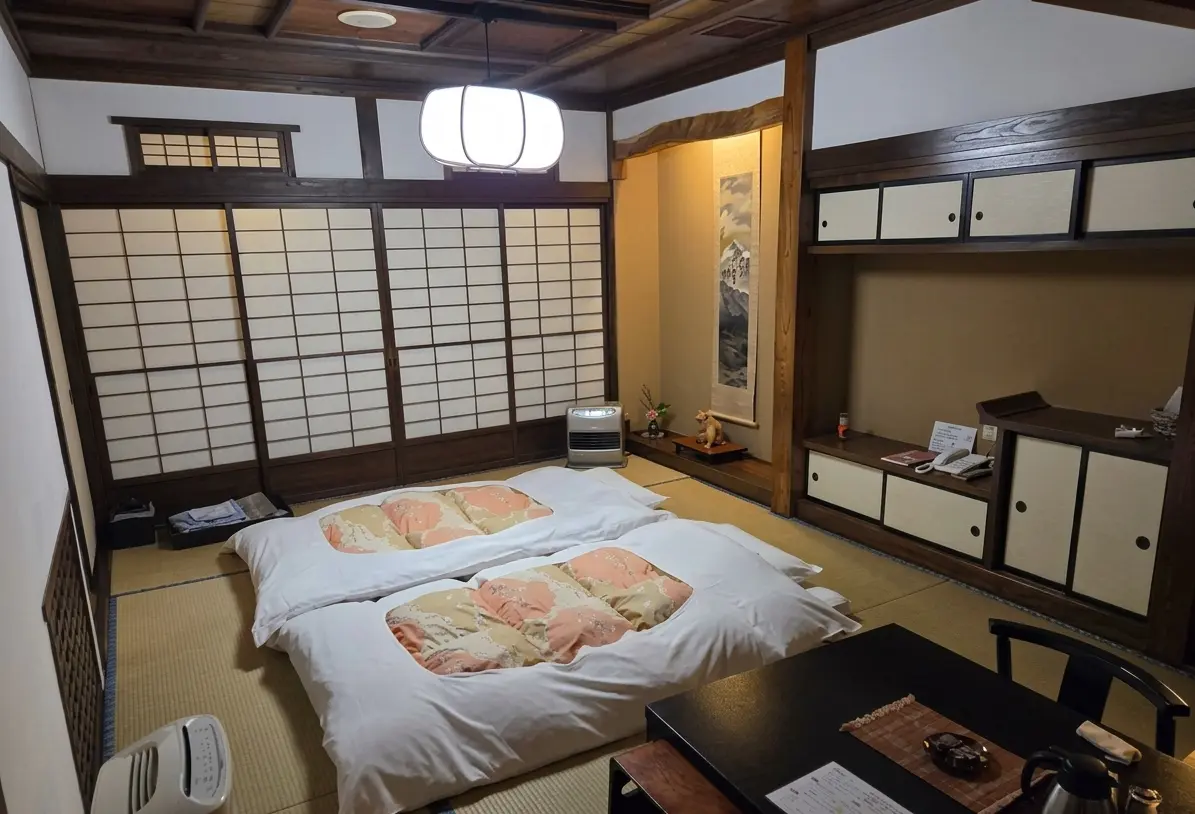 Notoya Ryokan hilltop outdoor bath — panoramic view of Shirogane-no-Taki waterfall and mountain gorge Ginzan Onsen