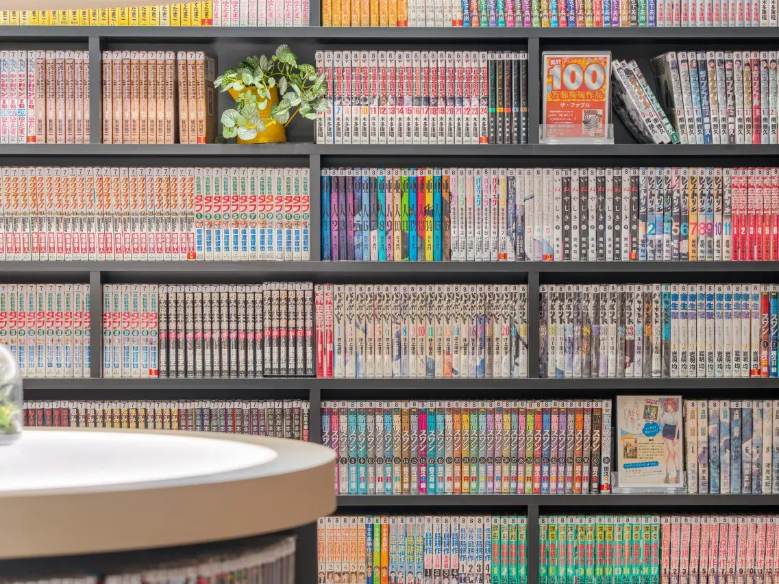 Manga library lobby with 8,000 volumes