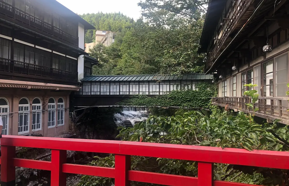 The red bridge at Sekizenkan Ryokan, inspiration for Spirited Away