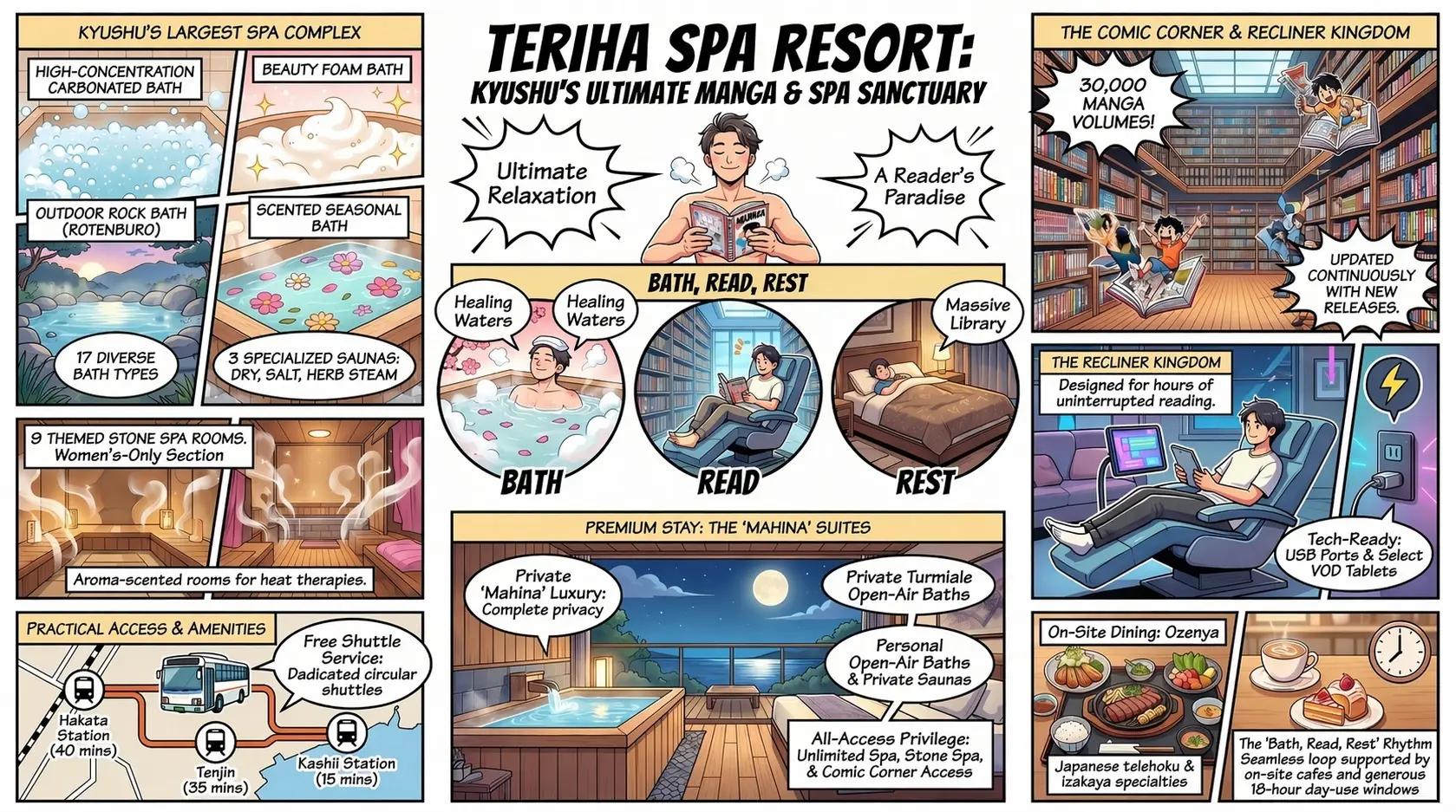 Teriha Spa Resort 照葉スパリゾート 本店 infographic — Comic Corner key facts, bath types, room categories, dining overview, and Island City location summary | Hotel Manga
