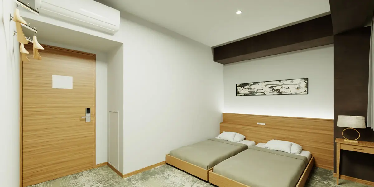 Teriha Spa Resort 照葉スパリゾート — hotel annex guest room with clean contemporary furnishings and views over Fukuoka Island City, with full spa complex access included in the stay. | Hotel Manga
